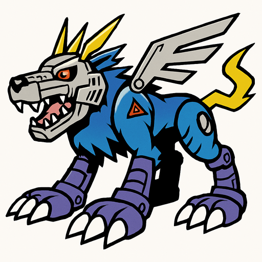Metalgarurumon.
In-Game asset.  2d.  High contrast.  No shadows