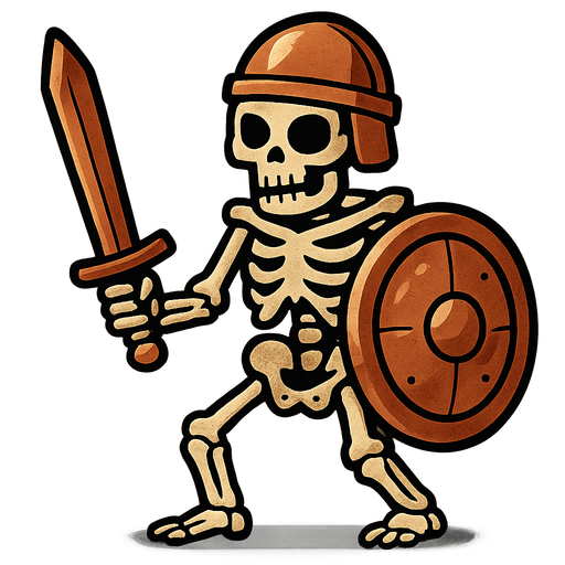 Skeleton with copper sword, copper helmet and copper shield.
In-Game asset.  2d.  High contrast.  No shadows