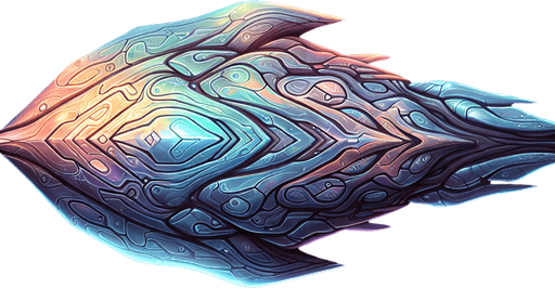 “Энигма” представляет собой величественный космический корабль, выполненный в форме кристалла с плавными, органическими линиями. Его корпус переливается всеми цветами радуги, создавая впечатление, что корабль постоянно меняет свой облик. На поверхности можно заметить сложные узоры, напоминающие древние руны, которые светятся мягким светом..
Single Game Texture. In-Game asset. 2d. Blank background. High contrast. No shadows.