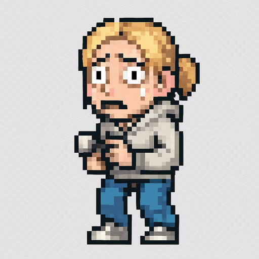 Create a pixel-art main character sprite of a scared blonde woman for a 2D horror survival game. She should have light blonde hair (shoulder length or tied in a ponytail), wide anxious eyes, and a pale complexion. Her outfit should be casual: a light-colored shirt or hoodie, jeans, and sneakers. The character should appear visibly nervous or frightened – slightly hunched posture, hands close to body, maybe holding a flashlight. Include subtle animation or idle pose showing fear. Style should match retro horror games. PNG with transparent background, front-facing idle stance..
In-Game asset.  2d.  High contrast.  No shadows