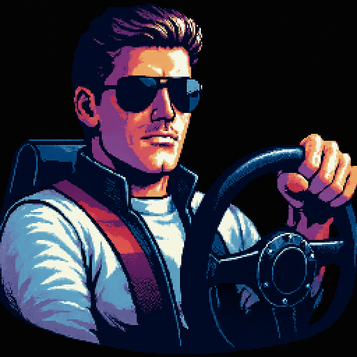 charater holds the steering wheel with one hand