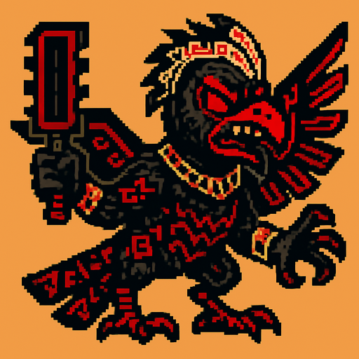 Genérame una Paujil guerrero azteca con eso patrones, estilo pixelar, con una apariencia maligna, ojos rojos, rabioso. Unidad aerea con alas. Animal.
In-Game asset.  2d.  High contrast.  No shadows