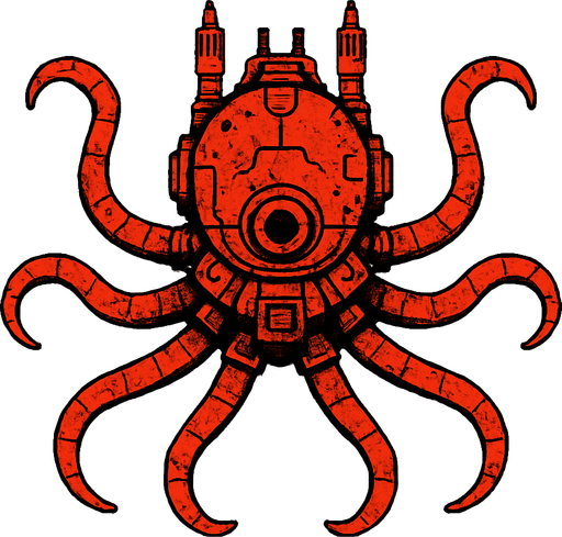 vertical top down red burn robotic octopus scifi war submarine.
In-Game asset.  2d.  High contrast.  No shadows