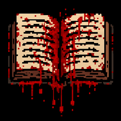 an open book with blood, terrifying pixel art.
In-Game asset.  2d.  High contrast.  No shadows