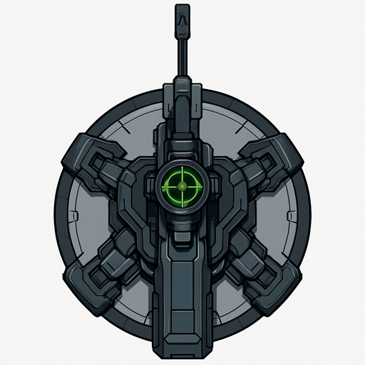 top-down view, futuristic sniper defense tower, mechanical turret base, integrated long-range scope with green targeting reticle, high-tech cyberpunk machine parts, sleek tower design, circular top down, symmetrical.
In-Game asset.  2d.  High contrast.  No shadows
