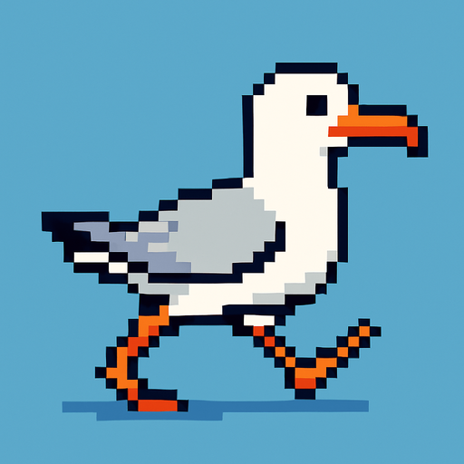 seagull looking to the right, pixelart, running.
In-Game asset.  2d.  High contrast.  No shadows
