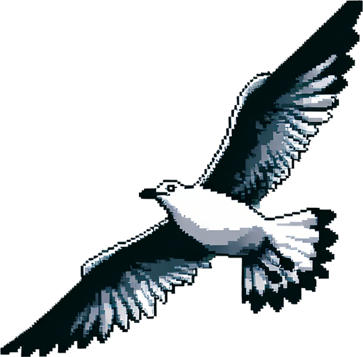 Flying seagull, 2d, pixel art.
Single Game Texture. In-Game asset. 2d. Blank background. High contrast. No shadows.