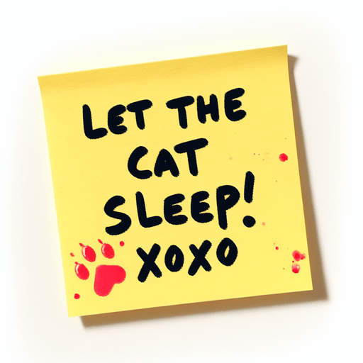 yellow stickyNote with
 "Let the cat sleep!
Xoxo!" text and a red-stain.