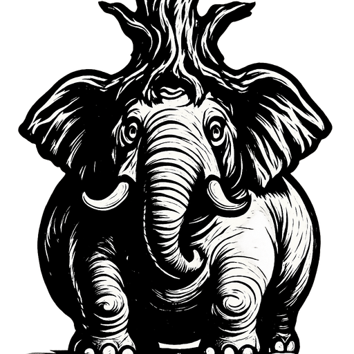 fat elephant with gnarly tree trunk hat..
High contrast.  No shadows