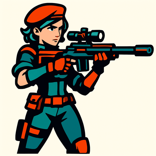 sniper girl hero.
In-Game asset.  2d.  High contrast.  No shadows