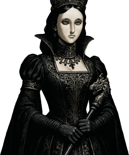 A regal yet enigmatic queen in a black and silver gown, wearing a porcelain mask with only her golden eyes visible. Female, 36 years old, tall and poised, dark wavy hair pinned in a jeweled crown, pale flawless skin. Her gloved hands rest on an ornate scepter with a dragon motif. She stands in a candle-lit throne room surrounded by veiled courtiers. Realistic, highly detailed, gothic royal style. realistic.
In-Game asset.  2d.  High contrast.  No shadows