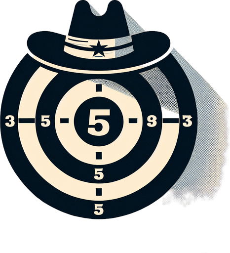 western shooting target with 5 written on it..
Single Game Texture. In-Game asset. 2d. Blank background. High contrast. No shadows.