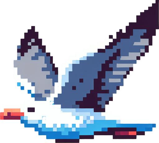 Flying seagull, 2d, pixel art.
Single Game Texture. In-Game asset. 2d. Blank background. High contrast. No shadows.