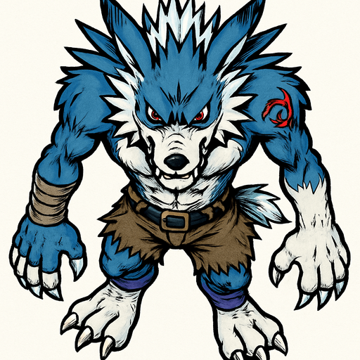 WereGarurumon, visto desde arriba, detalles muy altos, sin errores, original
In-Game asset.  2d.  High contrast.  No shadows