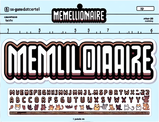 Text saying 'Memellionaire'. cute, cartoony font. looks like a sticker. feline themed.
Single Game Texture. In-Game asset. 2d. Blank background. High contrast. No shadows.