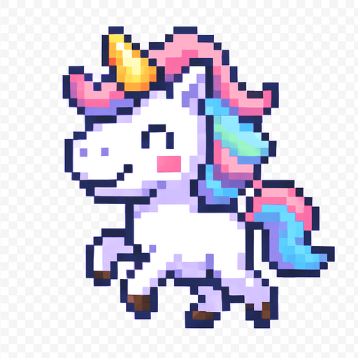 El unicornio debe ser un personaje adorable y colorido en estilo pixel art, con cuerpo erguido sobre dos patas traseras como si caminara o corriera, crin y cola multicolor en tonos pastel (rosa, celeste, violeta), cuerno dorado o brillante en la frente, y una expresión alegre o soñadora en su rostro; su cuerpo debe ser blanco o lavanda claro, con detalles simples como cascos marcados y orejitas visibles, y su animación puede incluir un suave rebote o movimiento de la crin al desplazarse; el estilo debe ser caricaturesco y alegre, con fondo transparente y un diseño encantador que encaje bien en un juego mágico, infantil o casual..
In-Game asset.  2d.  High contrast.  No shadows