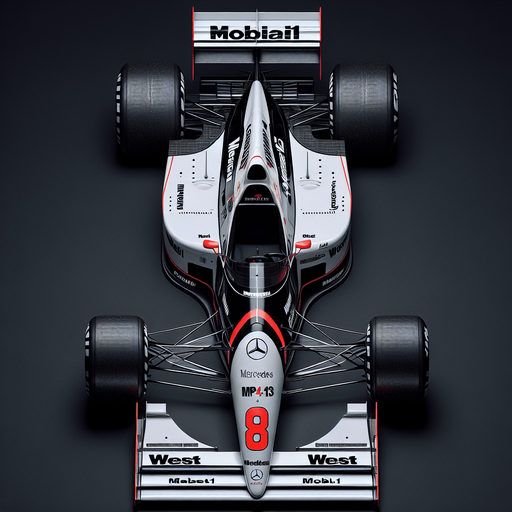 Mercedes-Benz MP4-13 F1 race car from 1999. TOP VIEW. 
BLACK & WHITE BODY. sIÉVER LIVERY Shiny-red arcs on both sides. Red 8 on nose 
Sponsor: "West" on rear wing. "Mobil1" on front wing..
Single Game Texture. In-Game asset. 2d. Blank background. High contrast. No shadows.