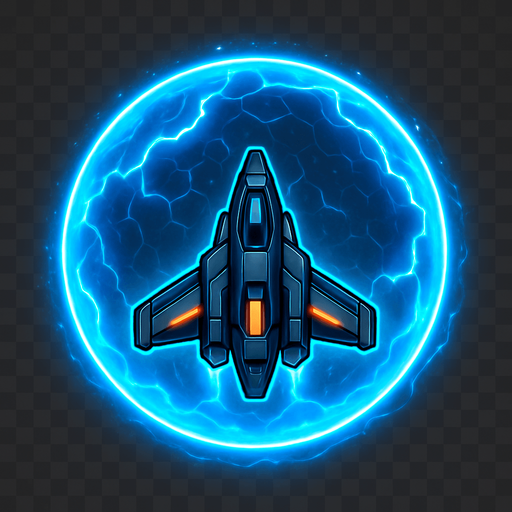 A 2D sci-fi energy shield around a space fighter ship, glowing with electric blue and cyan hues, forming a semi-transparent spherical barrier with pulsing light, subtle hexagonal patterns, and animated energy ripples. The shield should look powerful and futuristic, slightly reflective, and designed for a top-down space shooter game. Transparent background, digital art, perfect for sprite-based visual effects..
In-Game asset.  2d.  High contrast.  No shadows