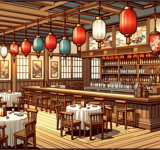 A restaurant background in a anime style.
Single Game Texture. In-Game asset. 2d. Blank background. High contrast. No shadows.