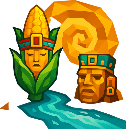 Mistik mısır ve aztek resmi çöl gibi bir spiral ve sarı renk agırlıklı low poly nesneler ve su akıyor efekti.
In-Game asset.  2d.  High contrast.  No shadows