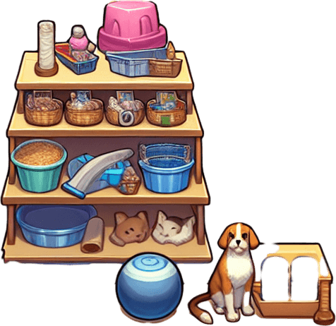 Pet store.
Single Game Texture.  In-Game asset.  2d.  Blank background.  High contrast.  No shadows