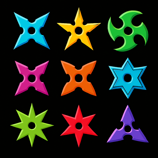 Pack of different ninja star. different color. HD colors.
In-Game asset.  2d.  High contrast.  No shadows