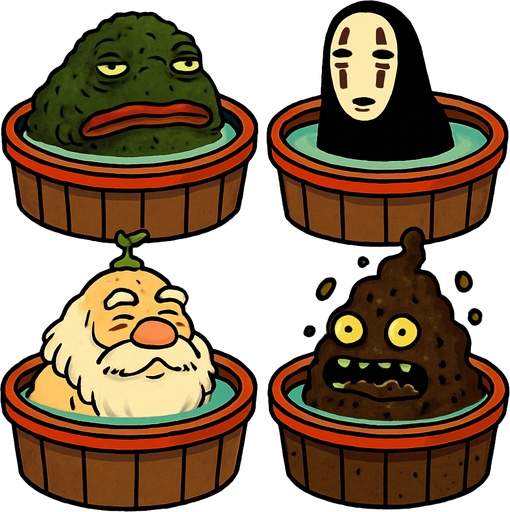 Japanese circle bath have different stink spirits from movie "spirited away". each one per bath. HD colors.
In-Game asset.  2d.  High contrast.  No shadows