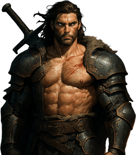 A towering, hypermasculine medieval warrior standing heroically on a battlefield at dusk, clad in weathered steel armor with golden engravings, his broad chest exposed under a torn fur-lined cloak, muscles defined and glistening with sweat and blood. Long, slightly wavy dark brown hair flows in the wind, a rugged chiseled jawline with a trimmed beard, piercing ice-blue eyes filled with intensity. Scars on his shoulder and a massive greatsword resting on his back. Background features a stormy sky and burning ruins, a dramatic lighting highlighting the power in his posture. Cinematic, realistic, highly detailed, epic composition, moody atmosphere --realistic style, medieval fantasy, 4K, ultra-detailed, volumetric lighting. realistic.
In-Game asset.  2d.  High contrast.  No shadows