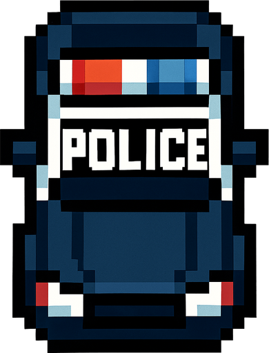 coche de policia hecho con pixeles con perspectiva desde arriba
In-Game asset.  2d.  High contrast.  No shadows