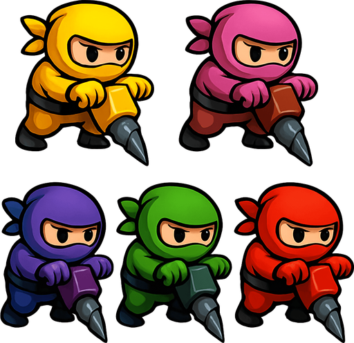 Pack of ninja characters with dig machine of sharpe rotated head of hands not trucks. different colors,yellow,pink,brown,purple,blue,green,red, HD colors