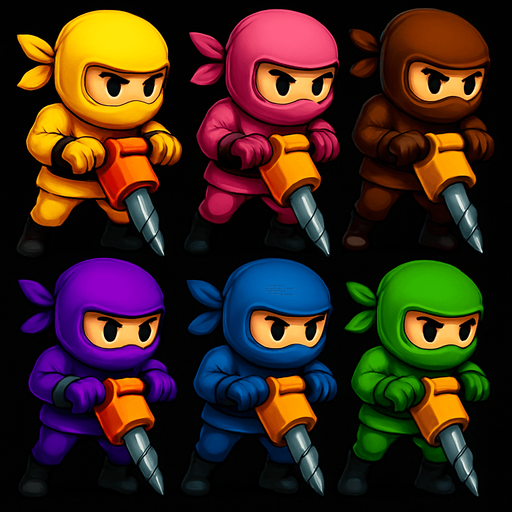 Same images of ninjas characters with digg machine but showing both legs. HD color