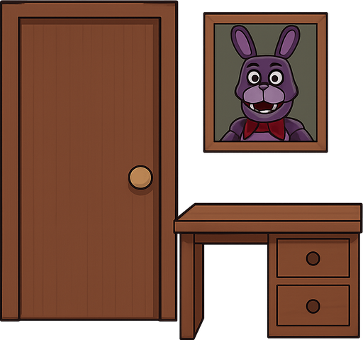 Its the left side of a room. There is a door, a half desk and a animatronic rabbit picture. DONT FORGET THIS IS THE LEFT SIDE OF THE ROOM. There is a right side too. No background. Transparent background. Blank background. No shadows. 2d. In-Game asset. flat