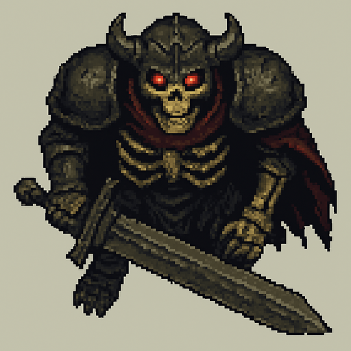 “Top-down 2D pixel art of a massive armored skeleton warrior with glowing red eyes. He holds an enormous two-handed sword, dragging or raising it. The armor is dark, cracked, and ancient, with heavy pauldrons, a horned helmet, and a tattered cape. The skeleton’s bones are thick and yellowed, giving a monstrous undead presence. Viewed directly from above, designed as a boss enemy sprite in a dark fantasy pixel art game.”.
In-Game asset.  2d.  High contrast.  No shadows