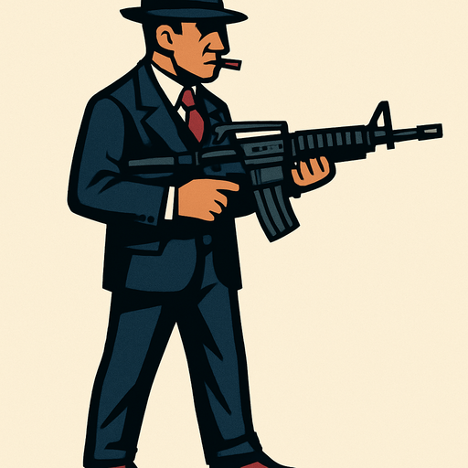 un mafioso italiano usando un m4 con la perspectiva lateral de cuerpo completo
In-Game asset.  2d.  High contrast.  No shadows