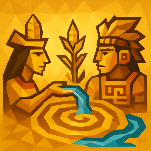 Mistik mısır ve aztek resmi çöl gibi bir spiral ve sarı renk agırlıklı low poly nesneler ve su akıyor efekti.
In-Game asset.  2d.  High contrast.  No shadows