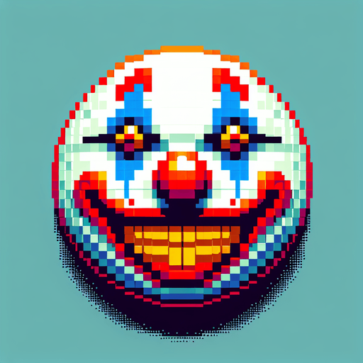 Grinning creepy ball shaped clown face.
Single Game Texture. In-Game asset. 2d. Blank background. High contrast. No shadows. 8 bit