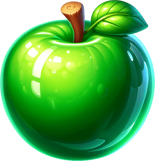 green apple.
Single Game Texture. In-Game asset. 2d. Blank background. High contrast. No shadows.