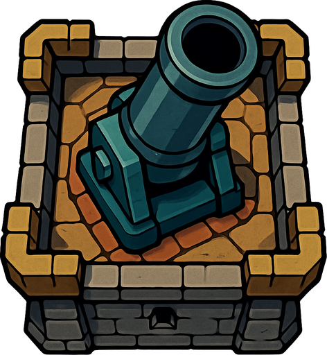 torre con un cañon gigante desde arriba.
In-Game asset.  2d.  High contrast.  No shadows