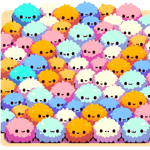Background for hyper casual puzzle game. a large area covered with thousands of tribble. a furry cuddly ball of fluff. multicouloured. startrek. little cartoon style faces on each of them. Pastel colors, flat shaded, vector art. Single Game Texture. In-Game asset. 2d. Blank background. High contrast. No shadows Single Game Texture. In-Game asset. 2d. Blank background. High contrast. No shadows.