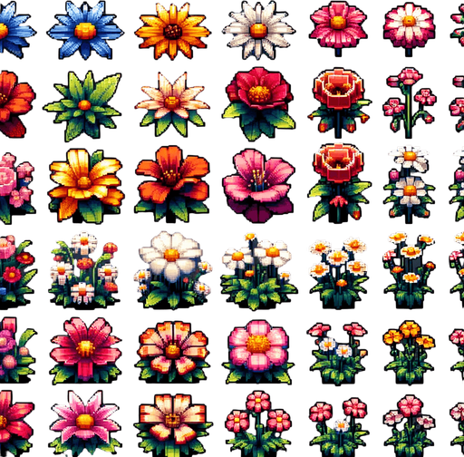 Sprite Sheet of flowers viewed from the top (zenith view).
Modern video game style