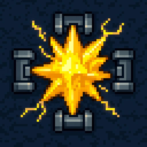 top down pixel art, energy crystal, yellow, spiky, charged, held on all sides by sci fi metal clamps
In-Game asset.  2d.  High contrast.  No shadows