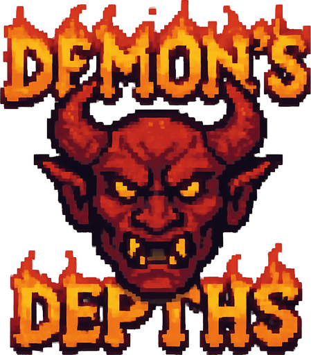 Pixel art logo for a game called ‘Demon’s Depths’. Big demon head with the title of the game split on top and bottom. The words are made of flame. White background
In-Game asset.  2d.  High contrast.  No shadows