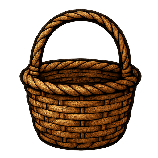 A basket.
Single Game Texture.  In-Game asset.  2d.  Blank background.  High contrast.  No shadows
