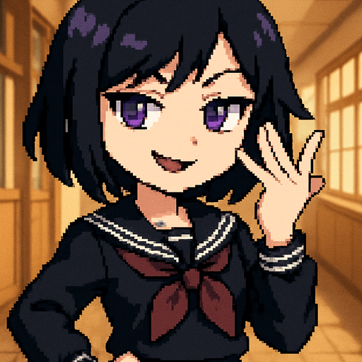 A charming anime-style girl rendered in delightful Pixel Art, featuring an emo aesthetic, striking purple eyes, and a classic Japanese school uniform (sailor fuku).

She confidently strikes the iconic “Ojou-sama pose”:
Her left hand is elegantly lifted near her face, fingers gracefully splayed like a fan, perfectly framing her smug expression.

Her face bears a tilted, self-assured smile, the kind that practically echoes a soft, aristocratic “Ohoho~” laugh. One eyebrow arches subtly, radiating playful confidence and a touch of superiority.

Her right hand rests casually near her waist, loosely clenched into a relaxed fist — an anchor for her graceful yet dominant posture.

Behind her stretches the polished hallway of a Japanese school, complete with sliding doors and sunlit windows, completing the scene with a nostalgic, everyday charm — all captured in the cozy, detailed charm of Pixel Art.