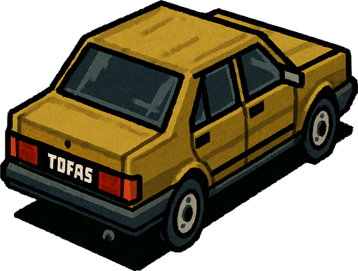 Tofaş turkish car, seen from behind 45 degree to the right

Top-down, gta2, Single Game Texture. In-Game asset. 2d. Blank background. High contrast. No shadows.isometric
