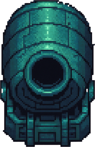 top down sci-fi fat barrel cannon, teal metal, pixel art