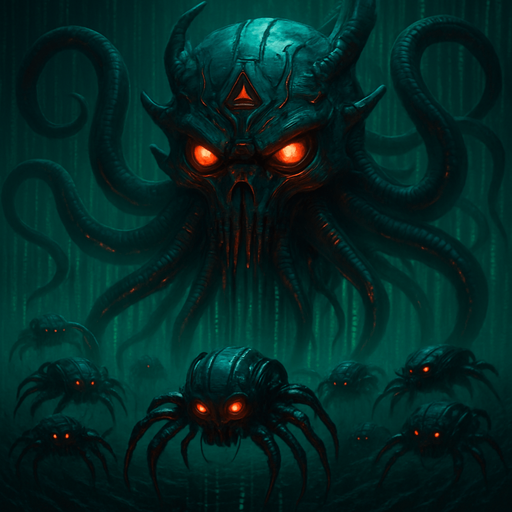 Giant head cyberpunk robot squid demon giant head tentacles behind matrix sentinels