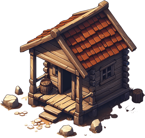 Kulübe.
Single Game Texture.  In-Game asset.  2d.  Blank background.  High contrast.  No shadows