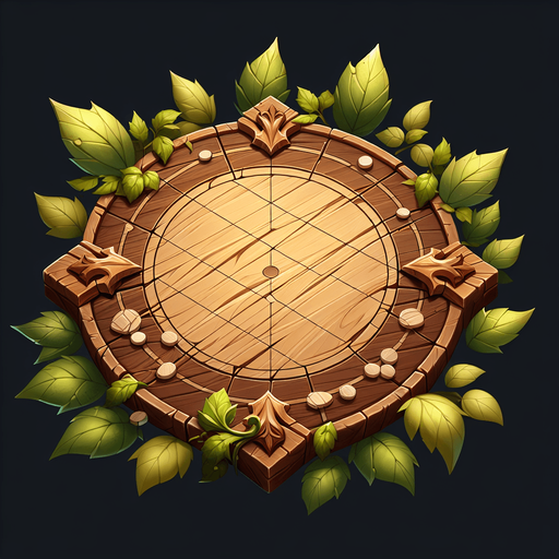 A wooden play board with leaves. Fantasy.
Single Game Texture. In-Game asset. 2d. Blank background. High contrast. No shadows.
