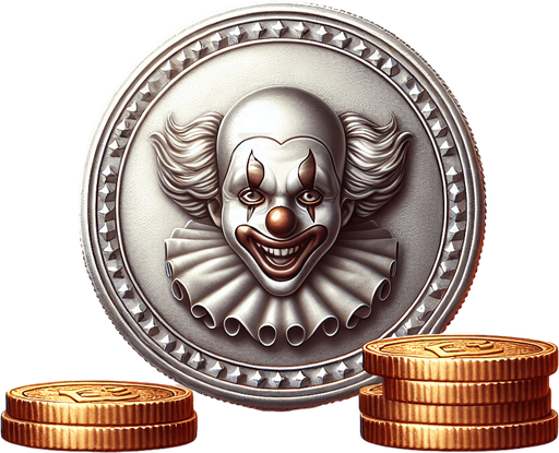silver coin with clown image.
Single Game Texture.  In-Game asset.  2d.  Blank background.  High contrast.  No shadows
